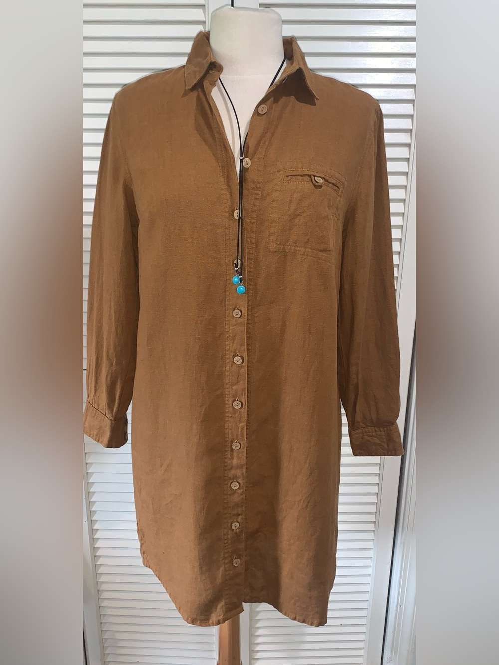 Knock knock linen handmade brown midi long sleeve Shirt dress Women’s Small